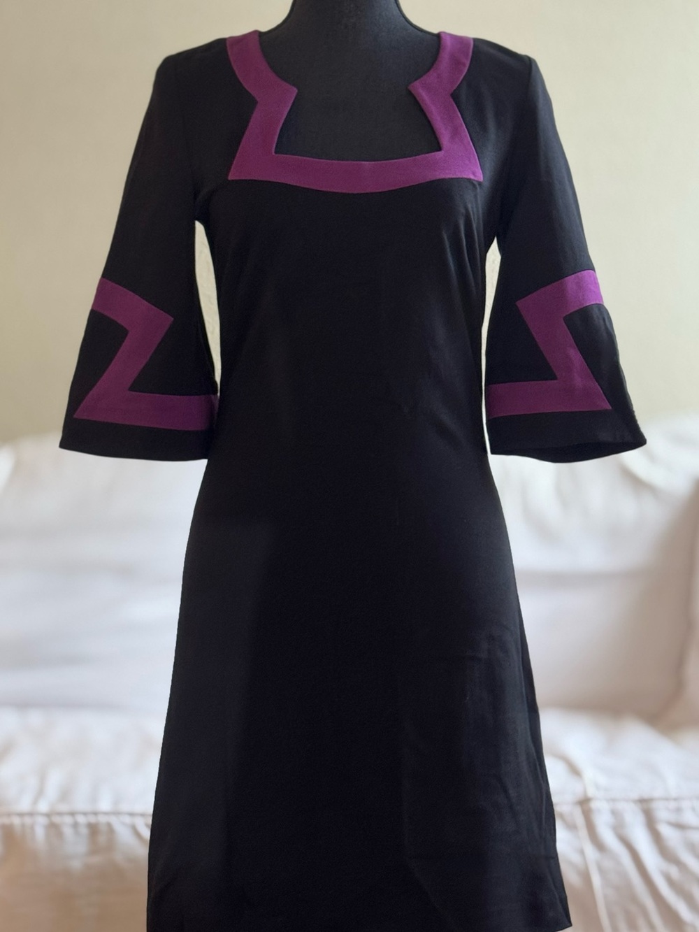 Retro Trina Turk Black Midi Dress w Purple Accents vintage inspired 60’s